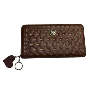 NEW Wallet Brown Quilted Embroidered Hearts Tan Threading Gold Heart Crystals